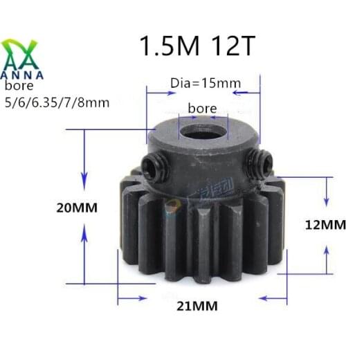 1.5M 12teeth 1.5module gear rack 12teeth Tooth quenching Spur Gear pinion bore 6-20mm spur gear precision 45 steel cnc pinion