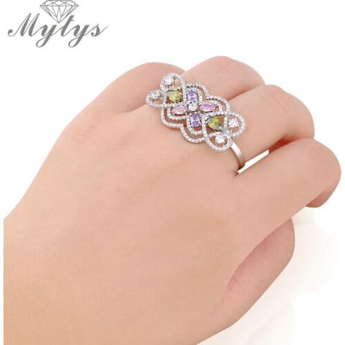 Mytys Free Size Adjustable Ring for Women Fashion Colorful Crystal Two Fingers Rings R976