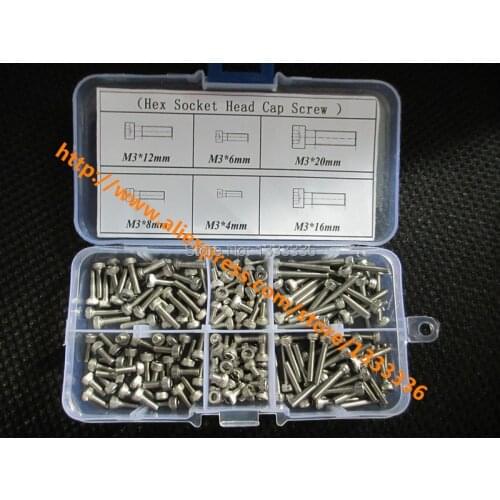 180pcs/set M3 Series Hex Socket Head Cap Screw Stainless Steel Bolts Accessories Kits M3X4/6/8/12/16/20mm