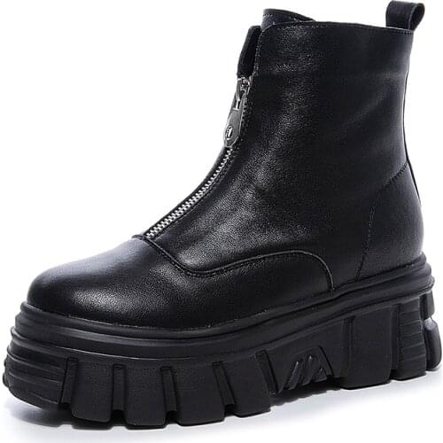 Platform Shoes Women Winter Boot Split Leather Fashion Zip Woman Ankle Boots High Heels Boots Women Winter Shoes Black Warm Boot