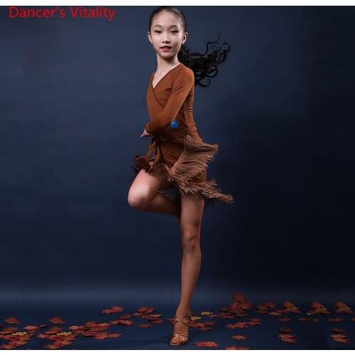 Latin Dance Practice Clothes Female Children Autumn And Winter Fringed Dress Professional performance Dancing Costume