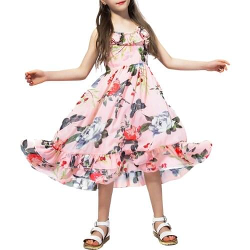 Oyolan Summer Floral Chiffon Dress for Girls Boho Kids Clothes Girls Vintage Long Beach Dresses Flowers Teenage Girl Clothing