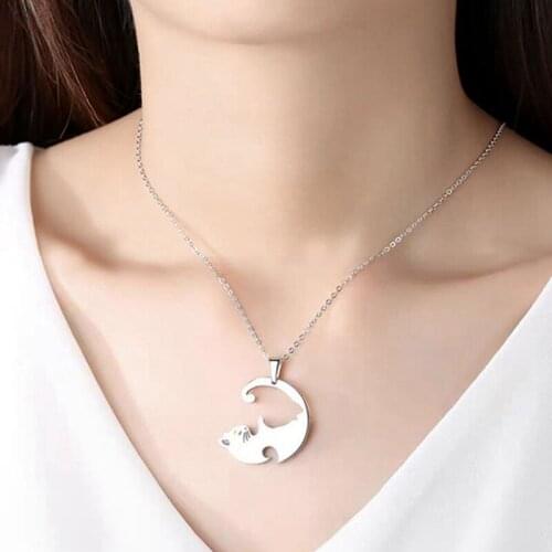 1 Pair Splice Cat Couple Necklace Stainless Steel Love Heart Round Yin Yang Pendant Necklace Fashion Jewelry Unisex Gift