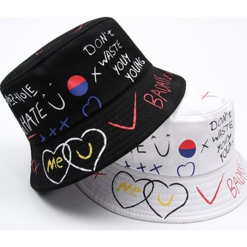 The Latest Unisex Panama Fishermans Hat Womens Sun Hat Black And White Graffiti Mens Outdoor Hat Hip Hop Harajuku Bucket Hats