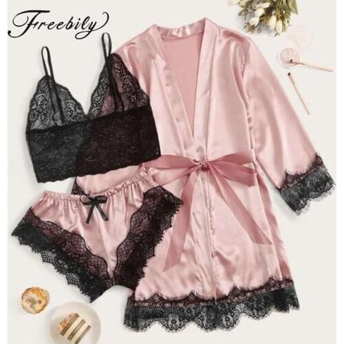 3pcs Pajama Set Lace Trim Satin Cami Top Shorts and Robe Suit Women Sexy PJ