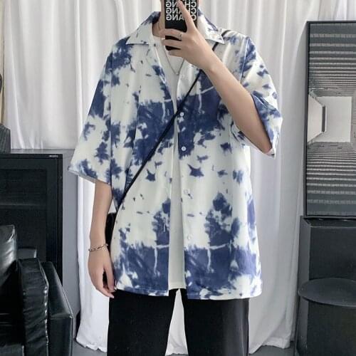 Retro Short Sleeve Shirt Men Casual Hawaiian Beach Shirts Trendy Oversize Tie-dye Five-point Sleeve Tops Loose Male Clothes Thin