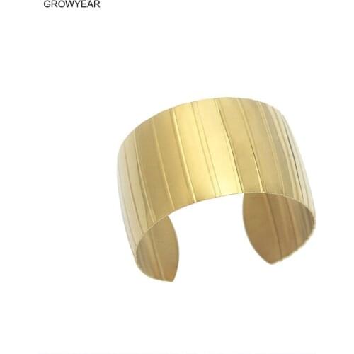Wide Gold-color Striped Bangle Cuff Bracelet Stainless Steel Women Fashion Jewelry Accessories 1Piece Free Shipping
