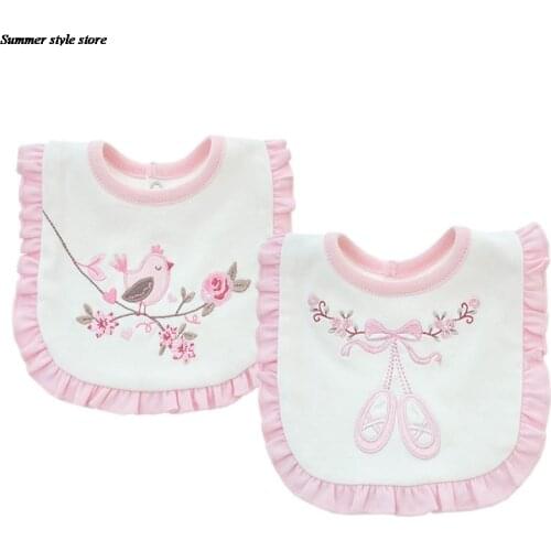 Cute Baby Bib for Grils Pink White Double Layer Cotton Embroidery Bird Bib Baby Accessories