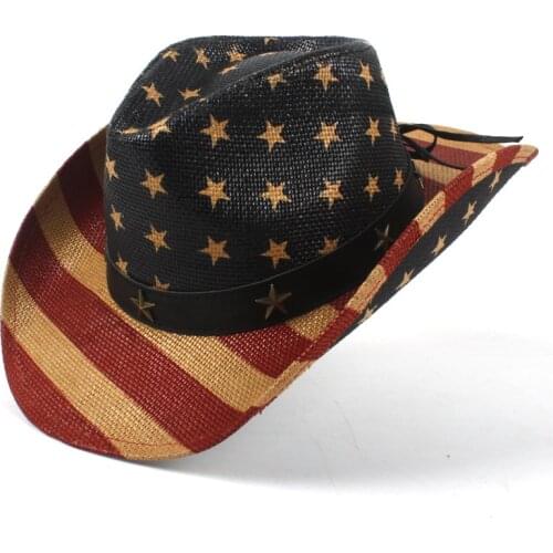 USA American Flag Straw Cowboy Hat For Women Men Western Cowgirl Sombrero Hombre Jazz Caps Size 58CM