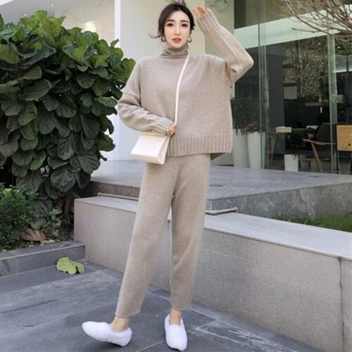 High Quality Women Autumn Knitted Tracksuit Turtleneck Sweater Knit Pants suits clothing 2 piece set Winter Lady warm Pants Suit