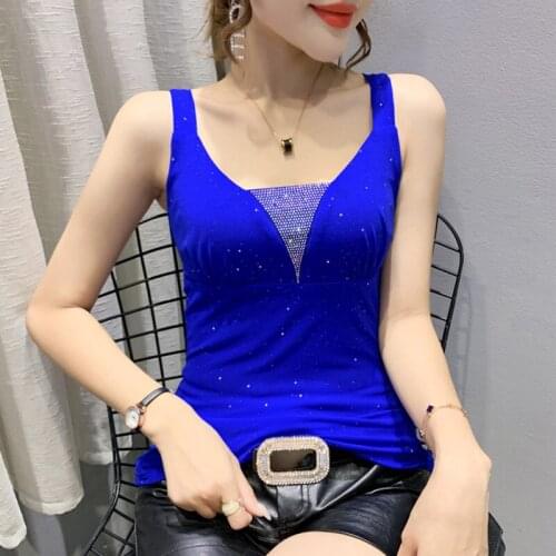 2021 Summer Sleeveless Mesh Tops Fashion Casual Sexy V-Neck Diamond Womens T-Shirt Plus Size Female Blusas