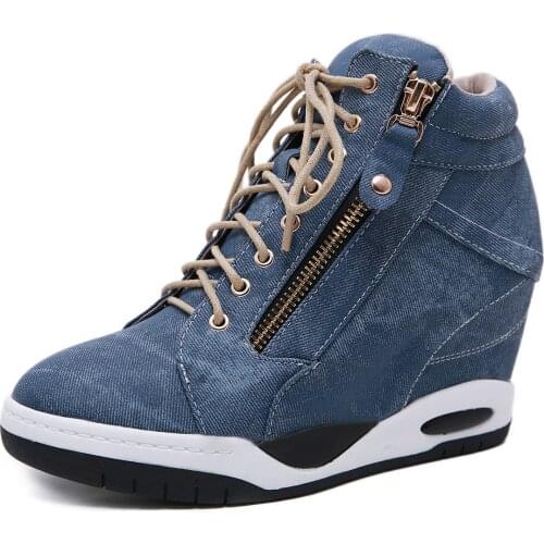 Ladies Height Increasing Blue Shoes Hidden Heel Sneaker Black Canvas Kitten Boot