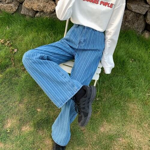 2021 Autumn Blue Women Cowboy Striped Jeans Street Casual High Waist Loose Straight Denim Trouser Womens Fashion Wide Leg Pants