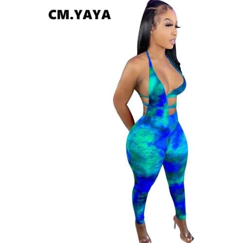 CM.YAYA Women Jumpsuit Print Sleeveless Halter Badnage Cut Out Stretchy Bodycon Pencil Jumpsuits Sexy Fashion Beachwear Summer
