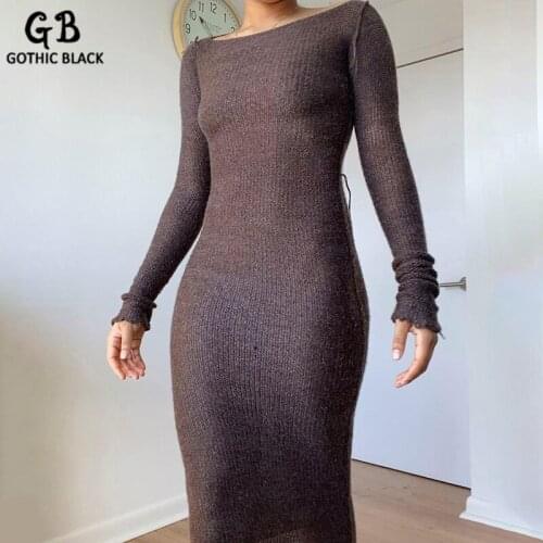 Gothblack Dress Solid O Neck Long Sleeve Hip Slim Flexible Knitted Bodycon Dress For Women 2021 Elegant Sexy Causal Streetwear