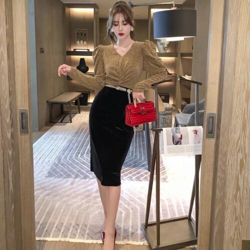 New arrival fashion korean spring midi party dress women OL professional temperament vintage puff sleeve slim pencil dress
