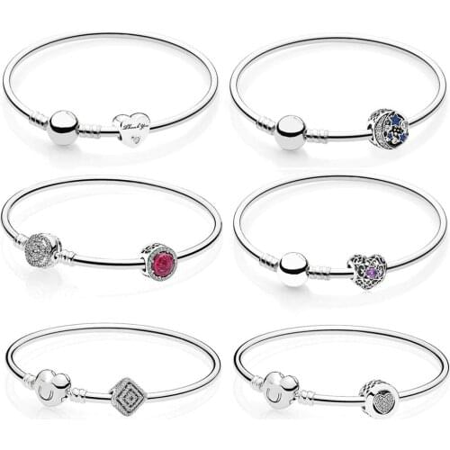 2019 NEW 100% 925 Sterling Silver RADIANT HEARTS BIRTHSTONE Charm Geometrische Lijnen Thanks You Bead Night Sky Charm Bangle Set
