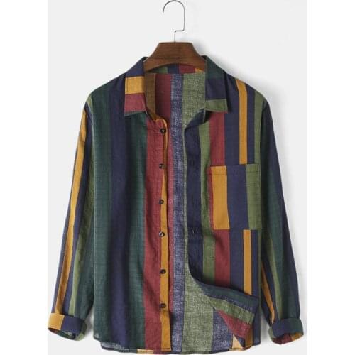 2021 New Men Fashion Shirt Contrast Color Stripe Summer Long Sleeve Pocket Shirt for Party