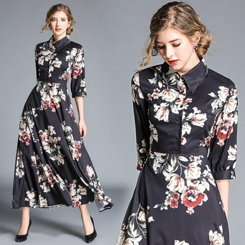 2021 Three Quarter Sleeve Office Lady Black Vintage Print Plus Size Spring Summer Long Maxi Dress Turn-down Collar Empire Dress