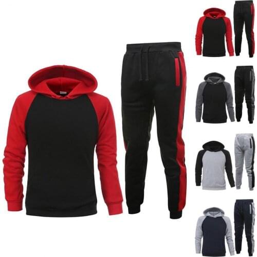 Men Autumn Long Sleeve Pocket Hoodie Pants Color Block Sports Tracksuit Outfit