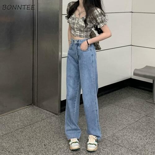Jeans Women Design Pocket Straight Full Length Sweet Basic Simple Harajuku Preppy Streetwear High Waist Summer Trousers Denim