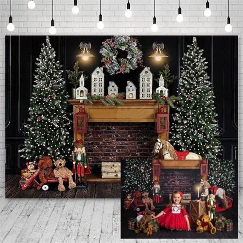 Avezano Backdrops Winter Christmas Tree Fireplace Gift Teddy Bear Trojan Decor Banner Photography Backgrounds Photo Studio Props