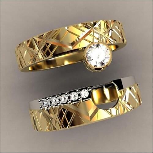 2 Pcs/set Fashion Gold Color Two-tone Rings for Women Semicircle Inlaid Crystal Pattern Engagement Ring Jewelry Whole Sale