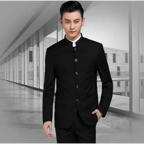 Autumn winter men Chinese tunic suit set with pants mens casual suits stand collar korean slim formal dress mens groom suit