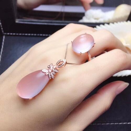 Best Gift Real and Natural Rose Quartz Jewelry set Natural And Real Rose Quartz Set 925 sterling silver 1pc ring,1pc Pendant