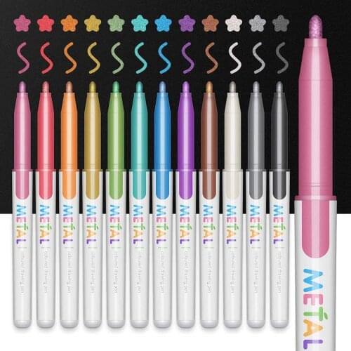 Metallic Marker Pens 12 Assorted Colors Metallic Calligraphy Marker Painting Pens for Scrapbooking DIY Photo Album Plastic Glass