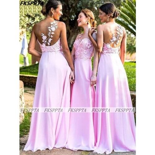 New Pink Long Bridesmaid Dresses With Wonderful Flowers See Through Back A Line 2021 Custom Made Wedding Guest Gowns For Party