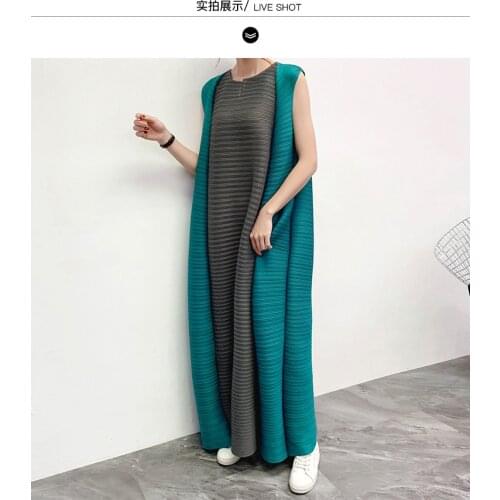 HOT SELLING Miyake Fold geometric patchwork o-neck sleeveless loose long dress IN STOCK