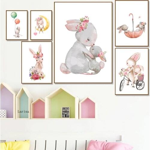 Baby Poster In Nursery Cute Animal Canvas Painting Wall Art Rabbit Moon Flower Cartoon Picture for Kids Baby Children Room Decor