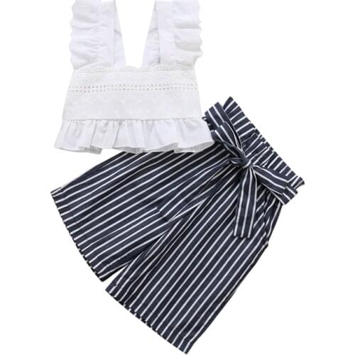 Pudcoco US Stock New Fashion Lace Toddler Kids Baby Girl Clothing Stripe Vest Crop Tops Wide Leg Pants Outfits Clothes