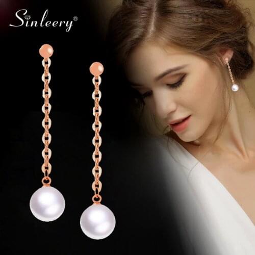 SINLEERY Long Waterdrop Round Pearl Drop Earrings Rose Gold Silver Color Chain Crystal Earrings For Women Jewelry ES097 SSD
