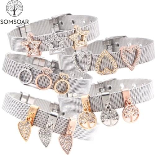Somsoar Jewelry Heart & tree Slide Charm Bracelet Stainless Steel Mesh Bracelet with silvering/gold/rose gold charm diy