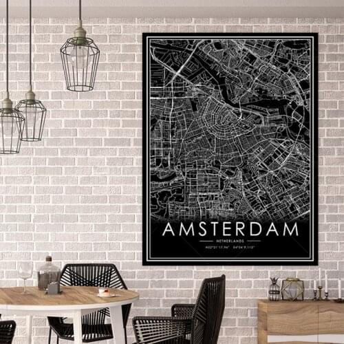 Map Modern Black AMSTERDAM World City Maps Canvas Paintings Poster Print Wall Art Pictures living Home room Decoration STJK12