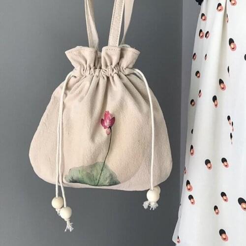 Cotton linen bucket handbag drawstring messenger bag womens bag Japanese-style handmade hanfu mini fabric crossbody bag