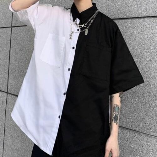 HOUZHOU Gothic Shirt Half Short Sleeve Vintage Oversize Hippie Aesthetic Harajuku Women Blouse Korean Style Patchwork Summer Top