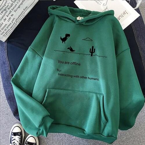 Harajuku Casual Women Hooded Hoodie Dinosaur Letter Printed Sweatshirt Long Sleeve Korean Style Pullover Loose Streetwear