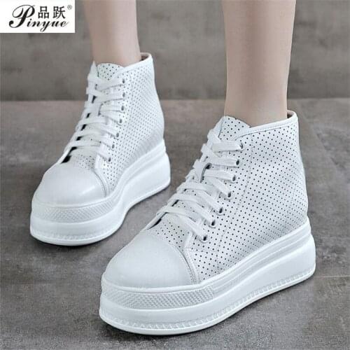 Spring Summer White Sneakers Cowhide Mesh Sandals Platform Inner Increase Womens Sneakers Breathable Womens Single Shoes