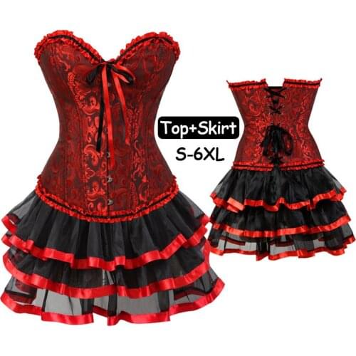 Women Corset Dress Set Sexy Bustier Lace up Boned Corselet Top With Mini TuTu Skirt Fancy Dresses Costume Sexy Gothic Corsets