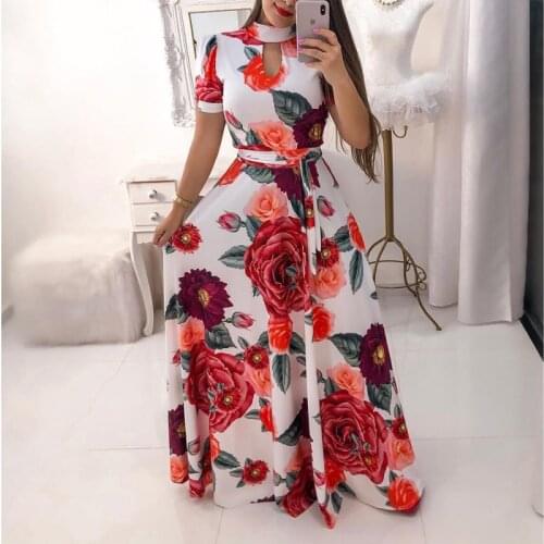 Flower Print Women Bohemia Dress Casual O Neck Hollow Out Short/Long Sleeve Maxi Dresses Ladies Belt Tunic Party Dress Plus Size