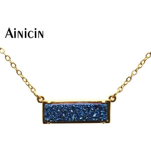 1pc Navy Blue Natural Drusy Crystal Bar Shape Pendant Necklace For Women Birthday Christmas Gift Jewelry