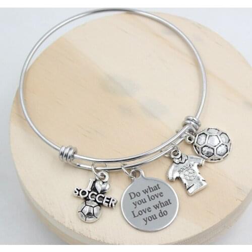 10PCS Soccer Bangles Sport I love Soccer Charm Bracelet Stainless Steel Bangle for Women Jewelry Gift