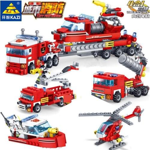 348Pcs City Fire Fighting Trucks Car Helicopter Boat Building Blocks Firefighter Juguetes Bricks Playmobil Kids Toys