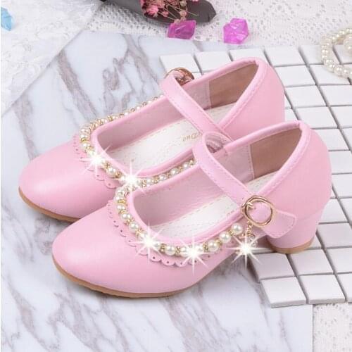 Childrens Beads Shoes Enfants Baby Girls Wedding Princess Kids High Heels Dress Party Leather Shoes For Girl Pink White School