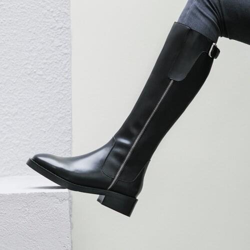 Designer Genuine Leather Long Boots Sexy Woman Motorcycle Booties Belt Strap Metal Shark Lock flat heel Knee High Boots