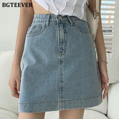 BGTEEVER Casual High Waist Women Solid Denim Skirts 2021 Summer Button Loose Female A-line Jeans Skirts Ladies Mini Skirts