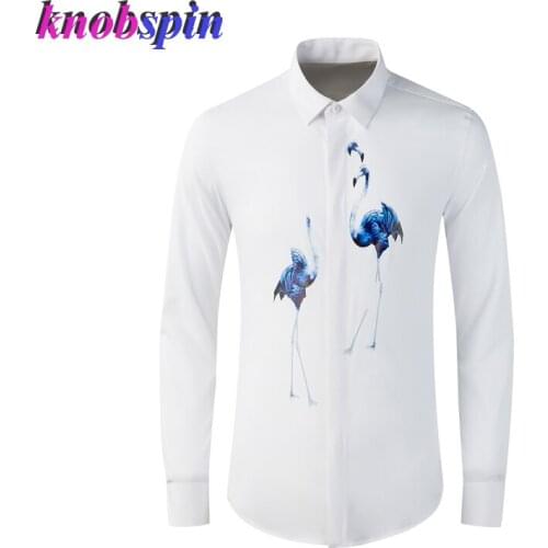 Elegant Flying Crane Print Shirt men Long sleeve Slim Casual Chemise homme Brand quality Cotton Business male Dress Shirts 4XL